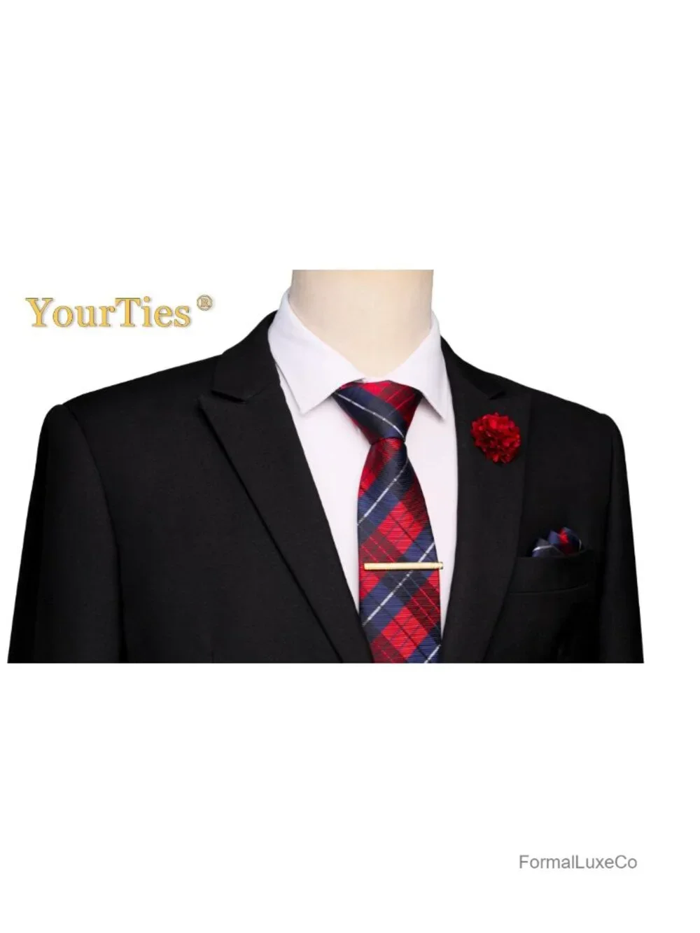 Silk Plaid Tie Set with Pocket Square Cufflinks Lapel Pin Tie Clip